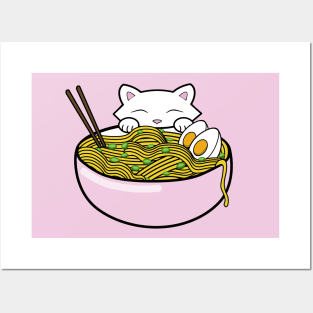 Sweet kitten eating noodles Posters and Art